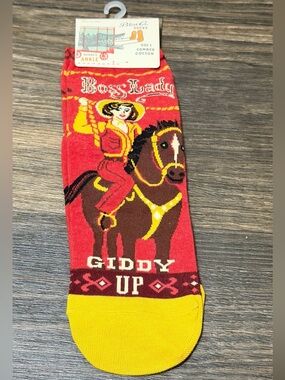 Blue Q "Boss Lady Giddy Up" Red & Yellow Novelty Socks